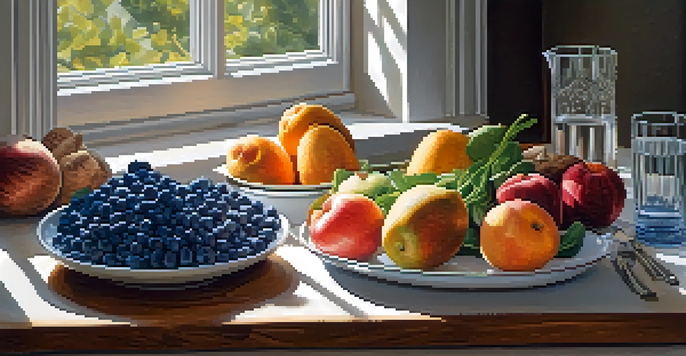 A kitchen table filled with fresh fruits and vegetables, promoting a healthy lifestyle.