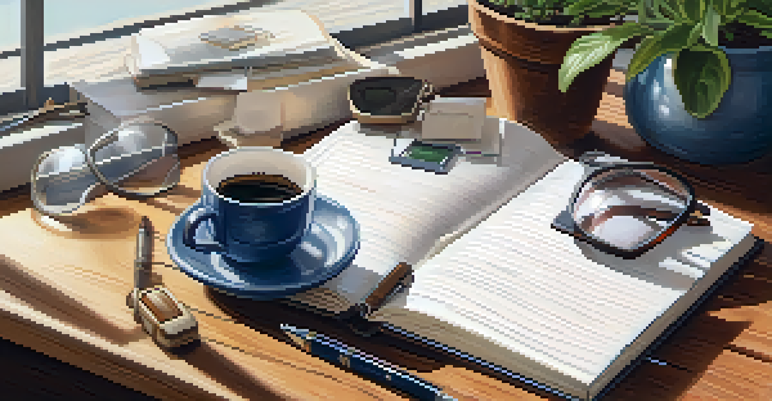 An open notebook on a wooden table with a cup of coffee, pen, glasses, and a potted plant, illuminated by natural light.