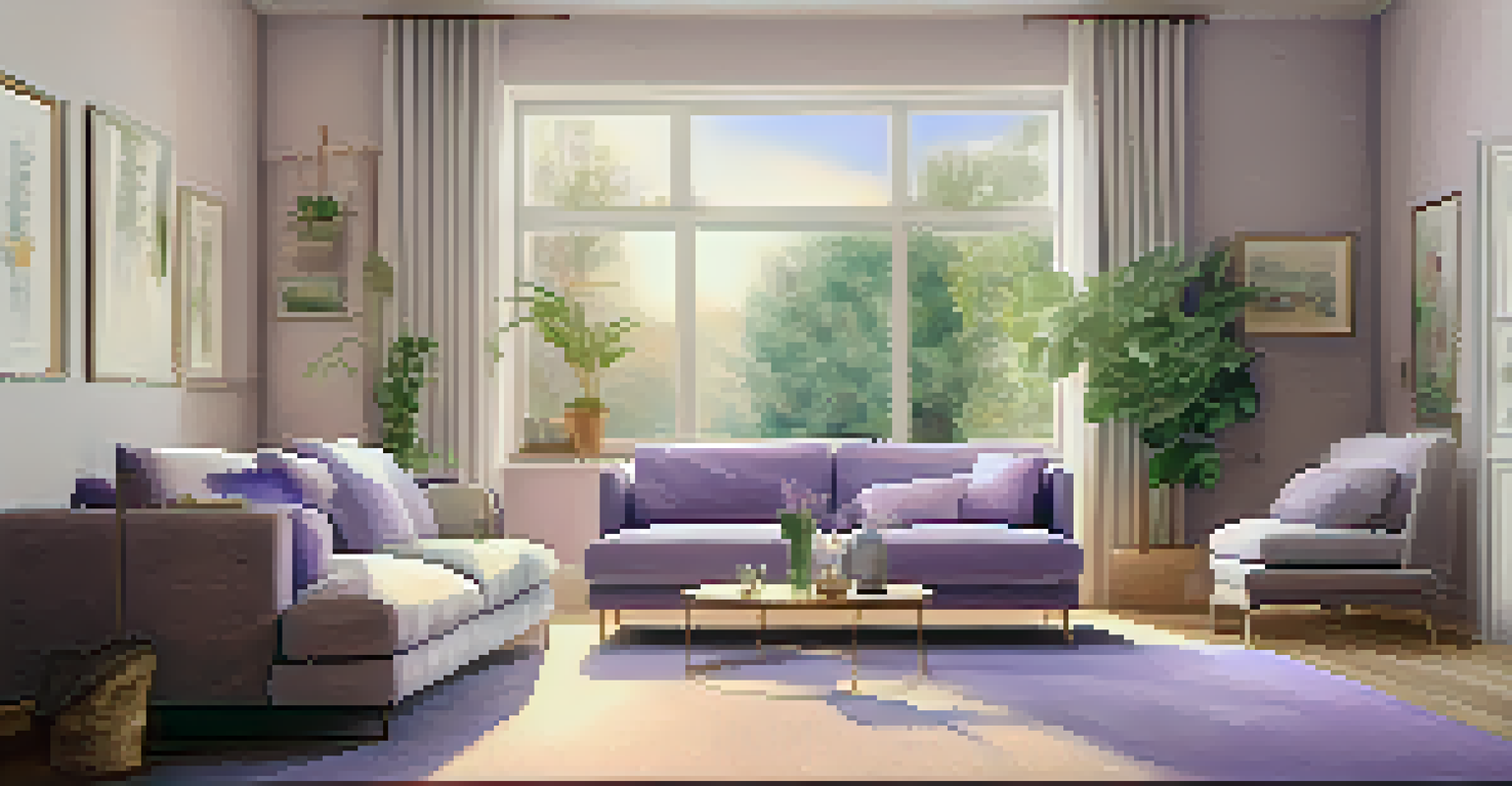 A calm living room with a diffuser and lavender plants, creating a peaceful environment.