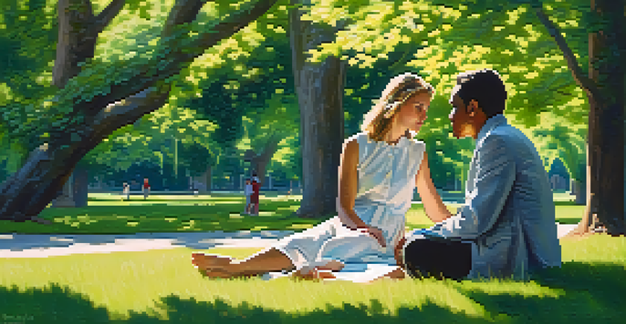 Two people having a mindful conversation in a tranquil park, surrounded by greenery and soft sunlight.