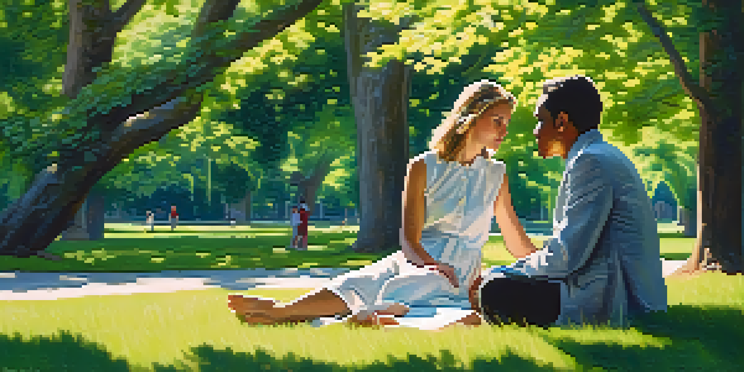 Two people having a mindful conversation in a tranquil park, surrounded by greenery and soft sunlight.