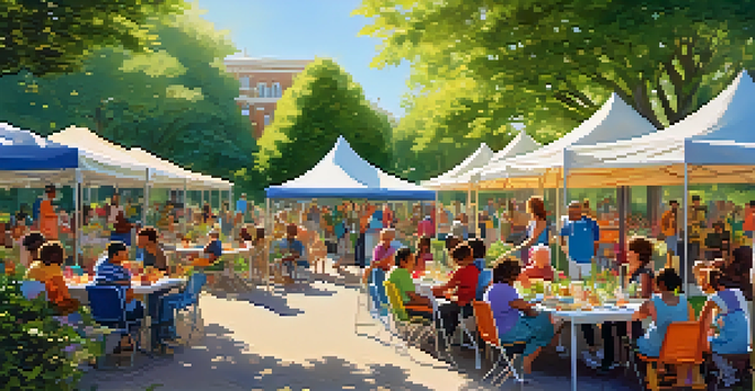 A diverse group of people enjoying a community event in a park, sharing resources and engaging with one another amid colorful decorations and greenery.