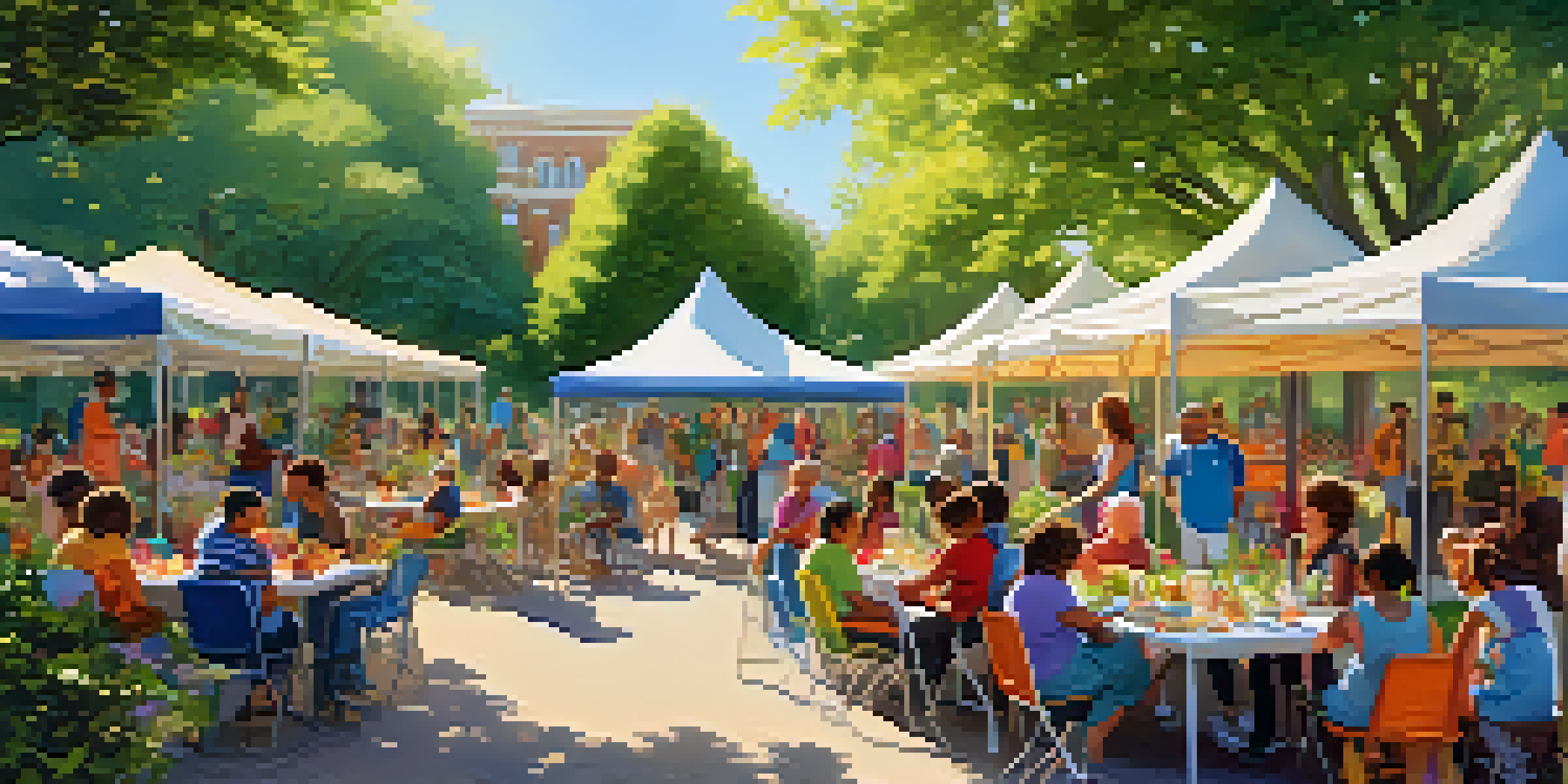 A diverse group of people enjoying a community event in a park, sharing resources and engaging with one another amid colorful decorations and greenery.