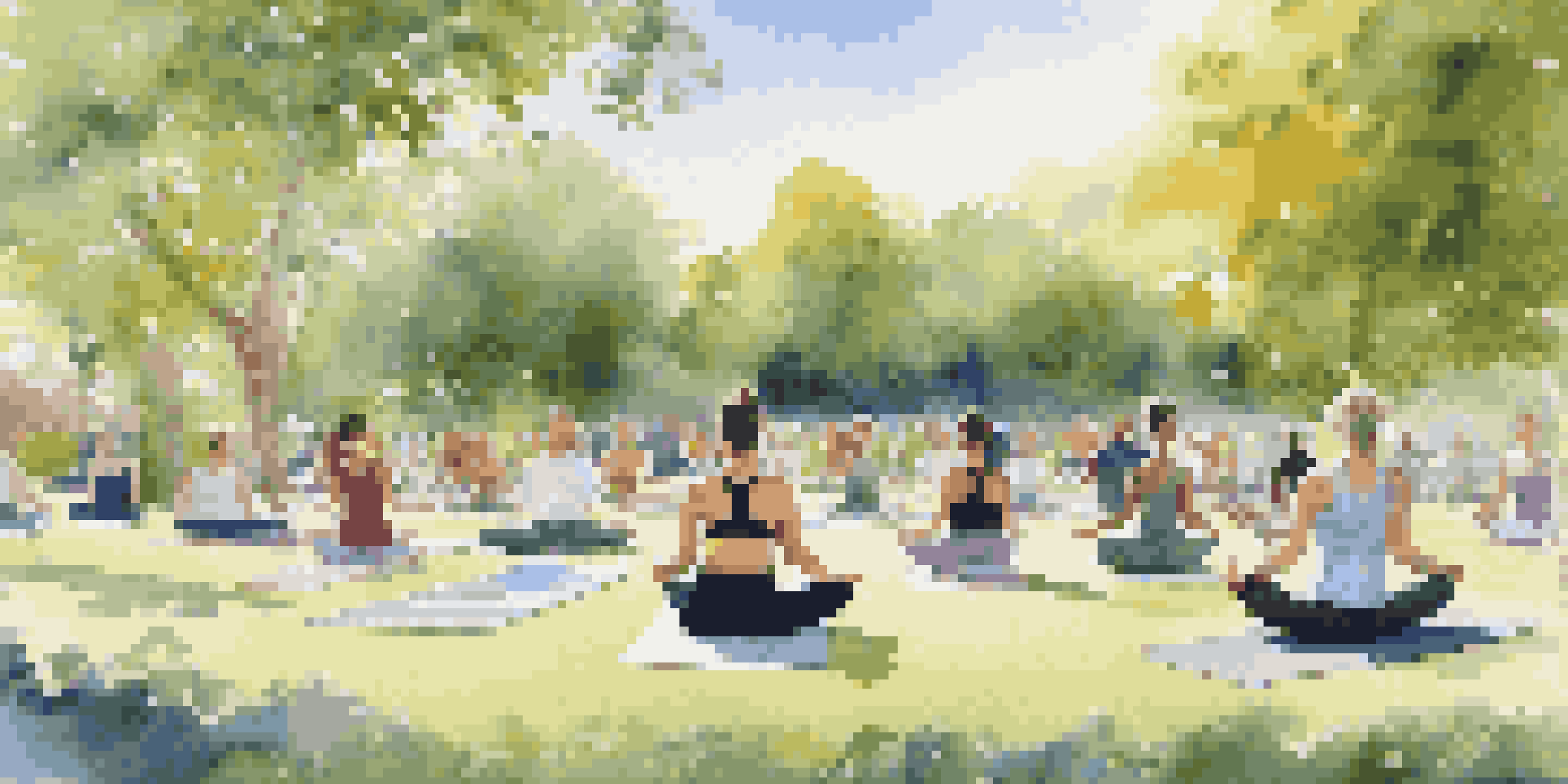 A group of diverse people practicing yoga in a sunny park surrounded by greenery.