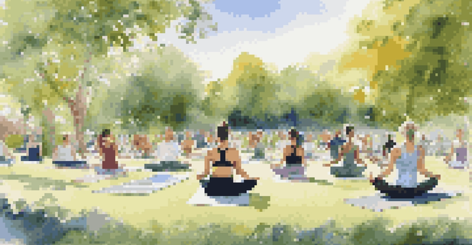 A group of diverse people practicing yoga in a sunny park surrounded by greenery.