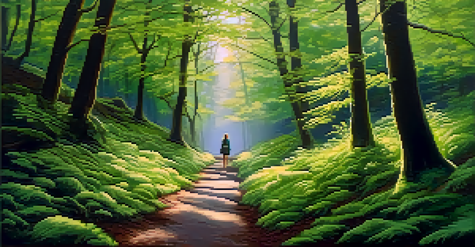 A tranquil forest path illuminated by sunlight, with a person walking amidst tall trees and lush greenery.