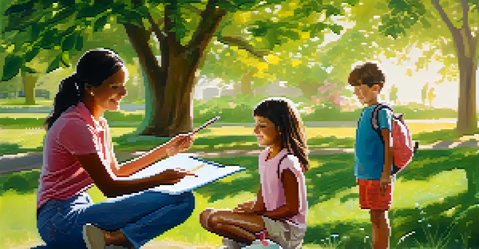 A parent teaching a child about healthy lifestyle choices in a sunny park.