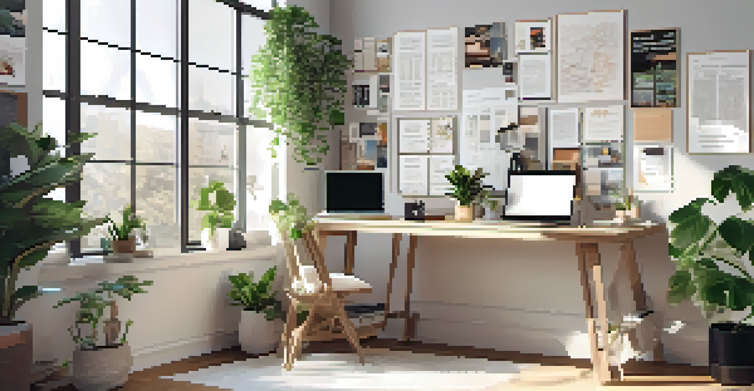 A bright workspace with a vision board and a laptop, symbolizing motivation and productivity.