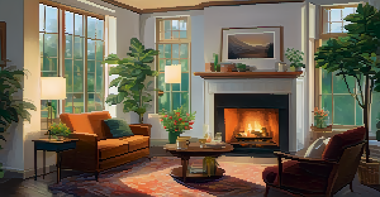 A therapist and client sitting in a cozy room by a fireplace, with warm lighting and plants, creating a welcoming atmosphere for a conversation.