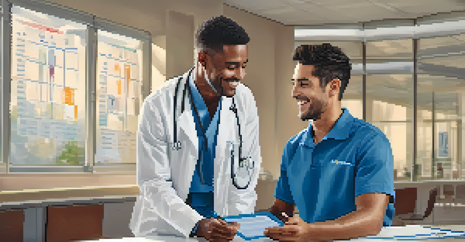 A healthcare professional and a young man discussing health insurance options in a welcoming clinic.