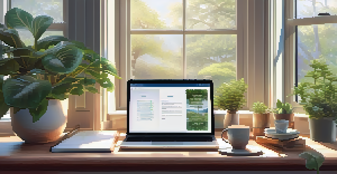 A bright and inviting home office with a laptop, notepad, and tea cup on a desk, surrounded by plants and inspirational quotes on the walls.