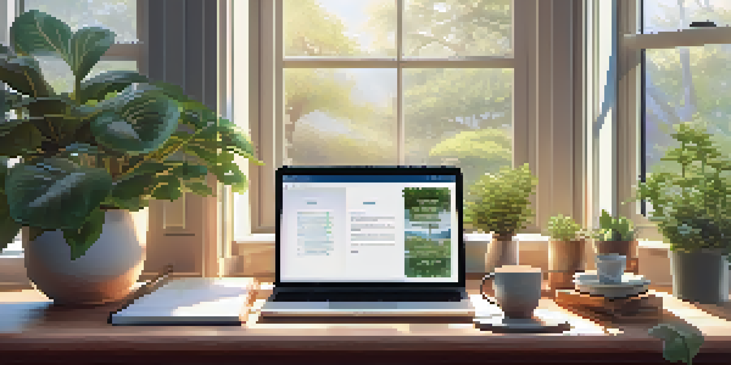 A bright and inviting home office with a laptop, notepad, and tea cup on a desk, surrounded by plants and inspirational quotes on the walls.