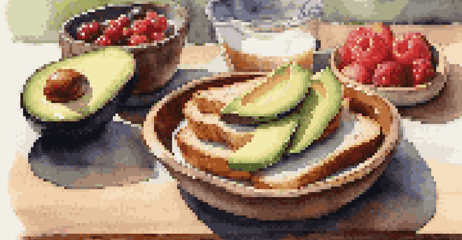 A nutritious breakfast spread with whole grain toast and fresh fruits on a wooden table, illuminated by warm morning light.