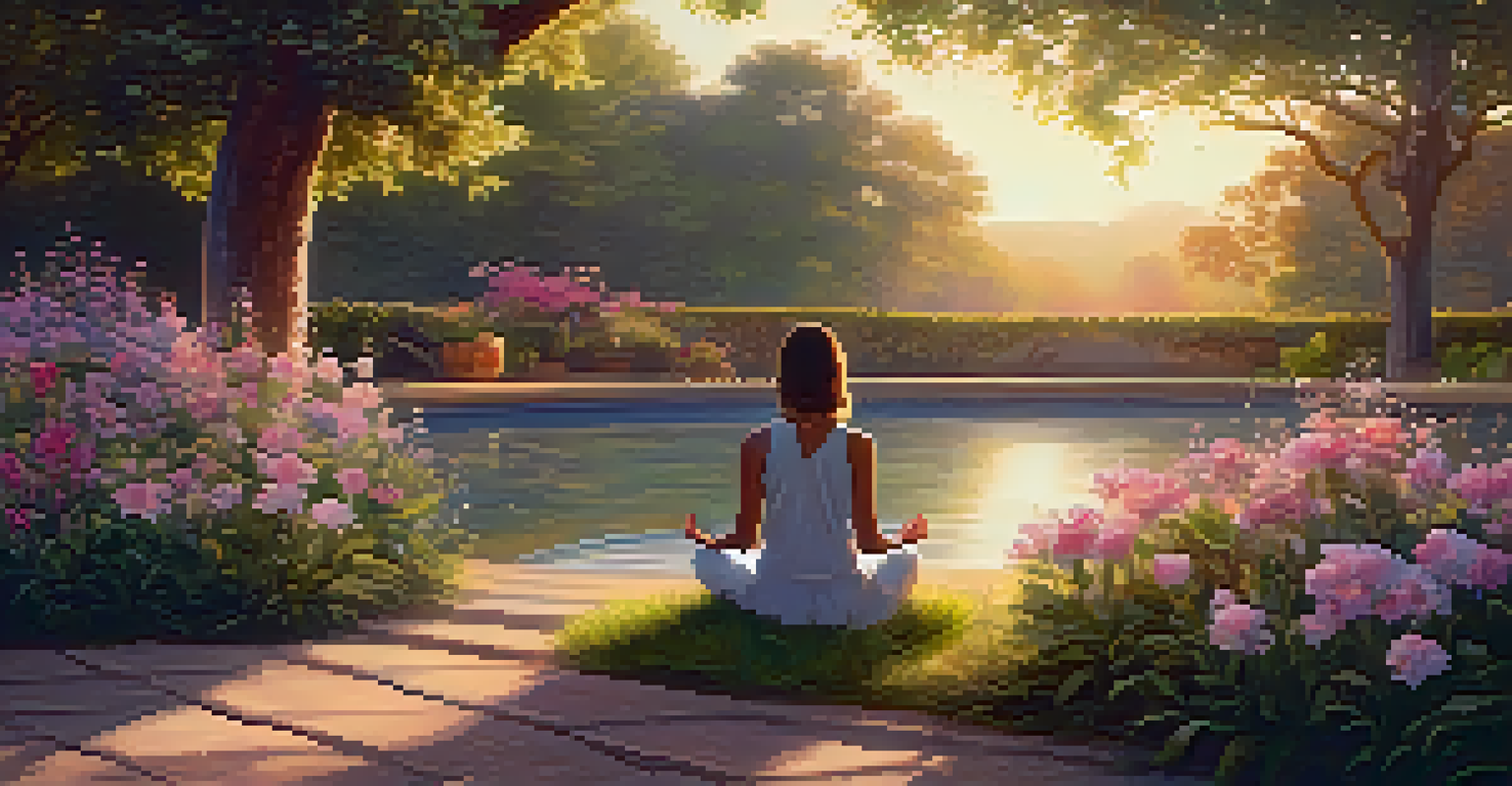 A person meditating in a tranquil garden at sunset, surrounded by greenery and flowers.