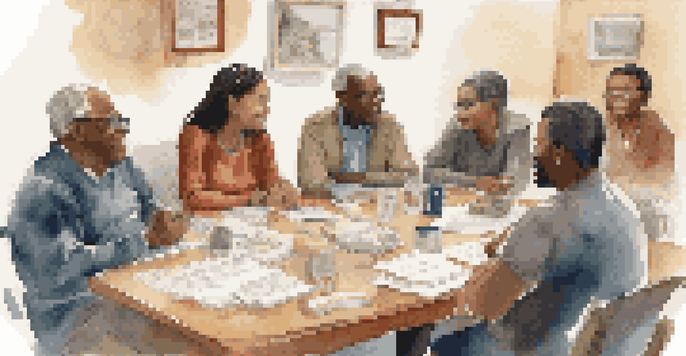 A diverse group of community members participating in a focus group discussion about a health campaign, surrounded by notes and cultural artifacts.