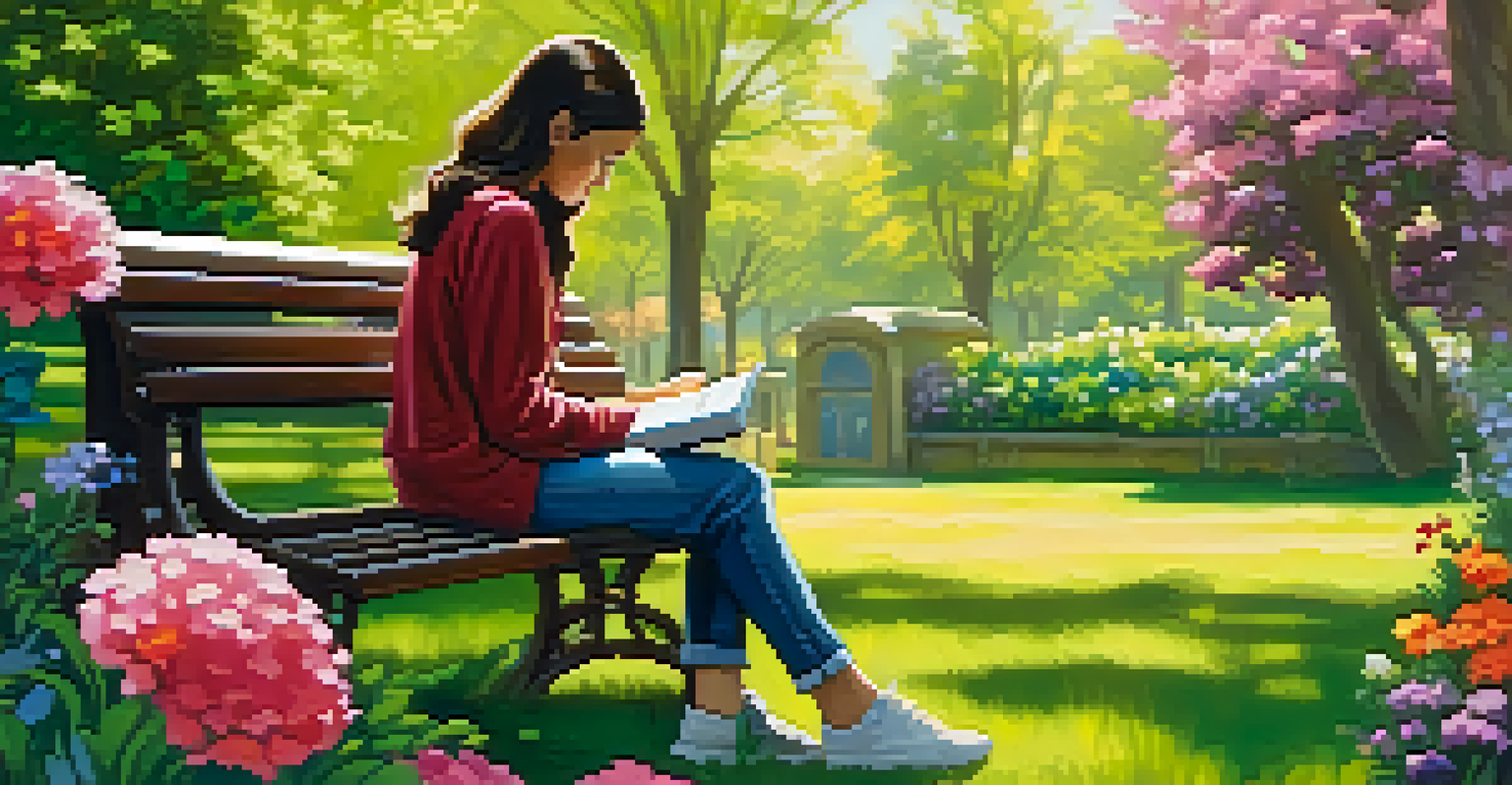 A person reading a book on a park bench surrounded by greenery and flowers, with a smartphone lying face down beside them.