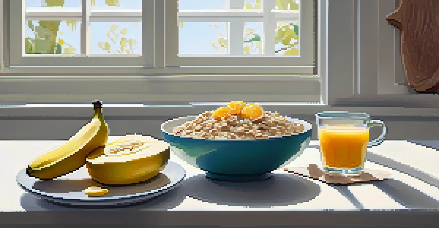 A healthy breakfast spread featuring oatmeal with bananas, fresh orange juice, and avocado toast in a cozy kitchen with morning light.