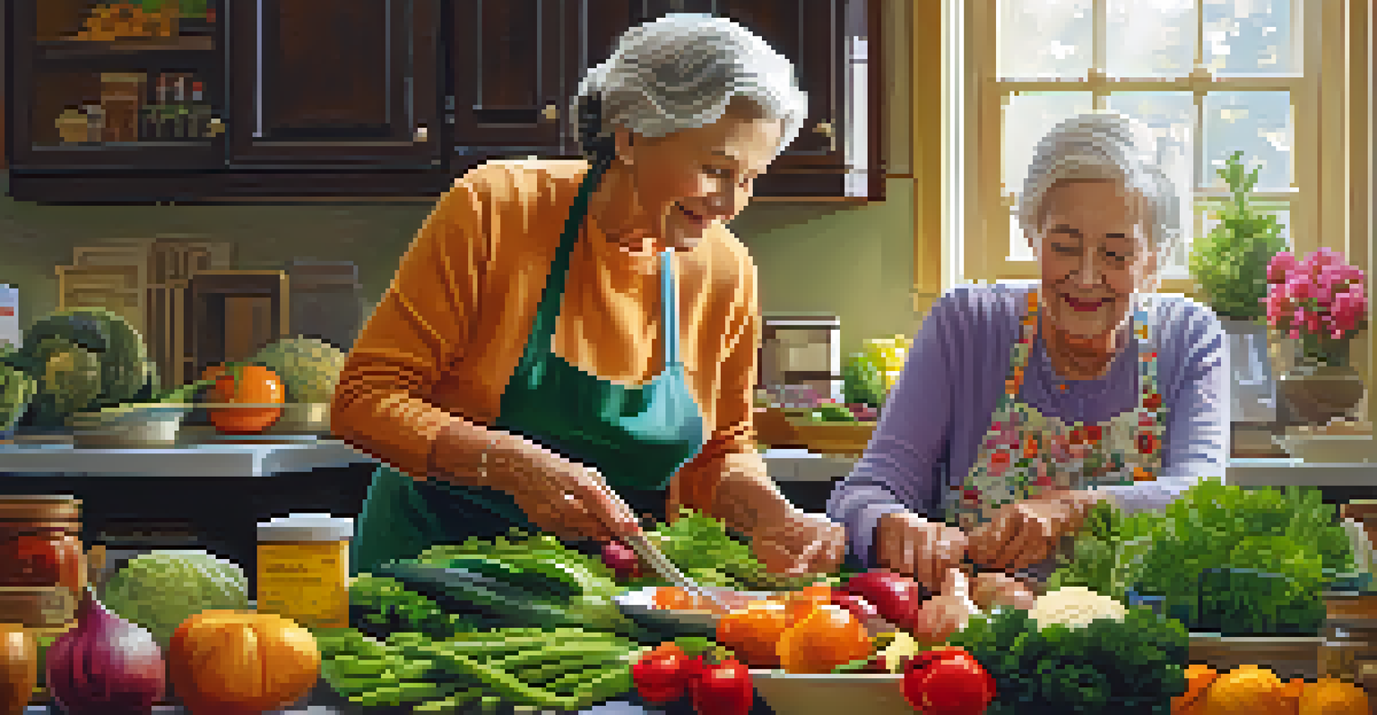 A caregiver and an elderly woman preparing a healthy meal together in a cozy kitchen.