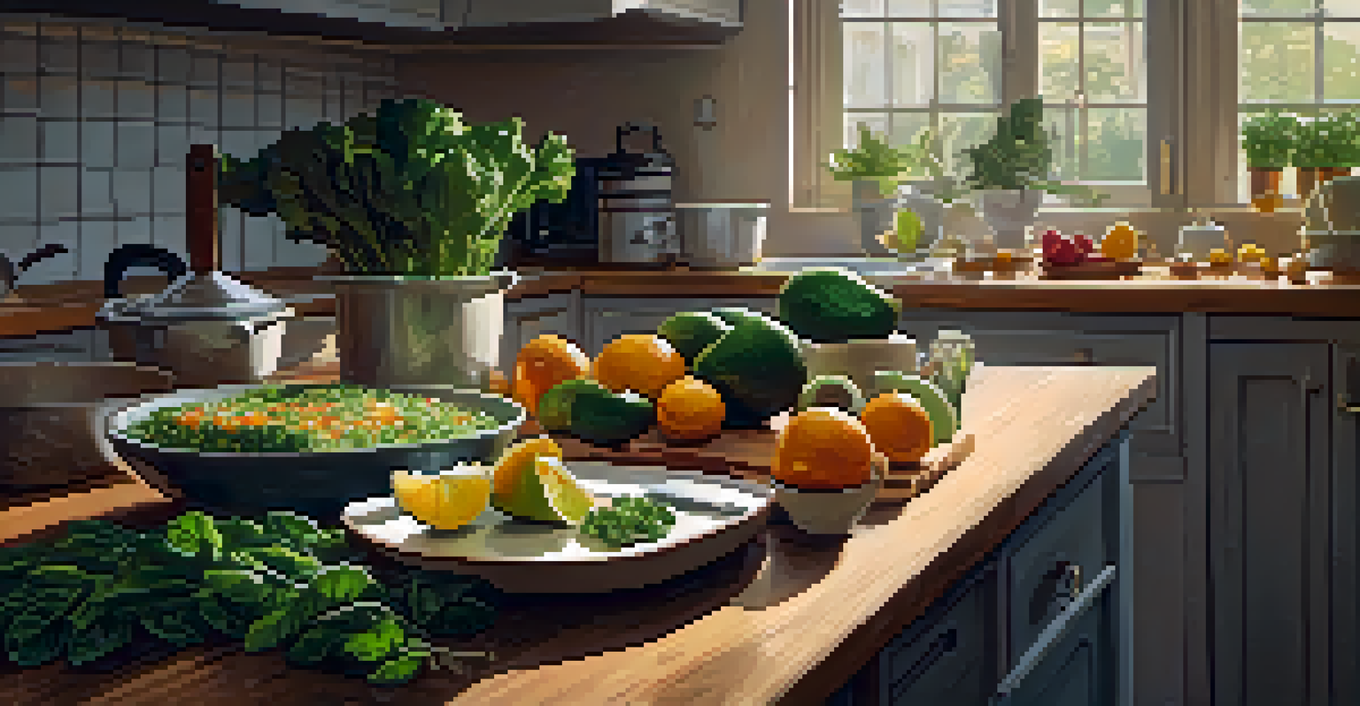 A cozy kitchen scene with a person preparing a meal using superfoods like spinach and avocados on a wooden countertop, illuminated by warm natural light.