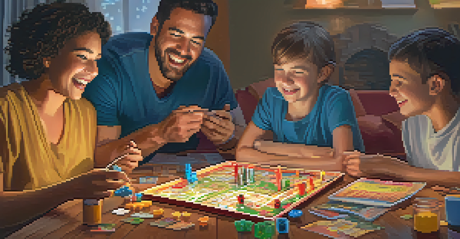 A family playing board games together, surrounded by snacks and a warm, inviting atmosphere.