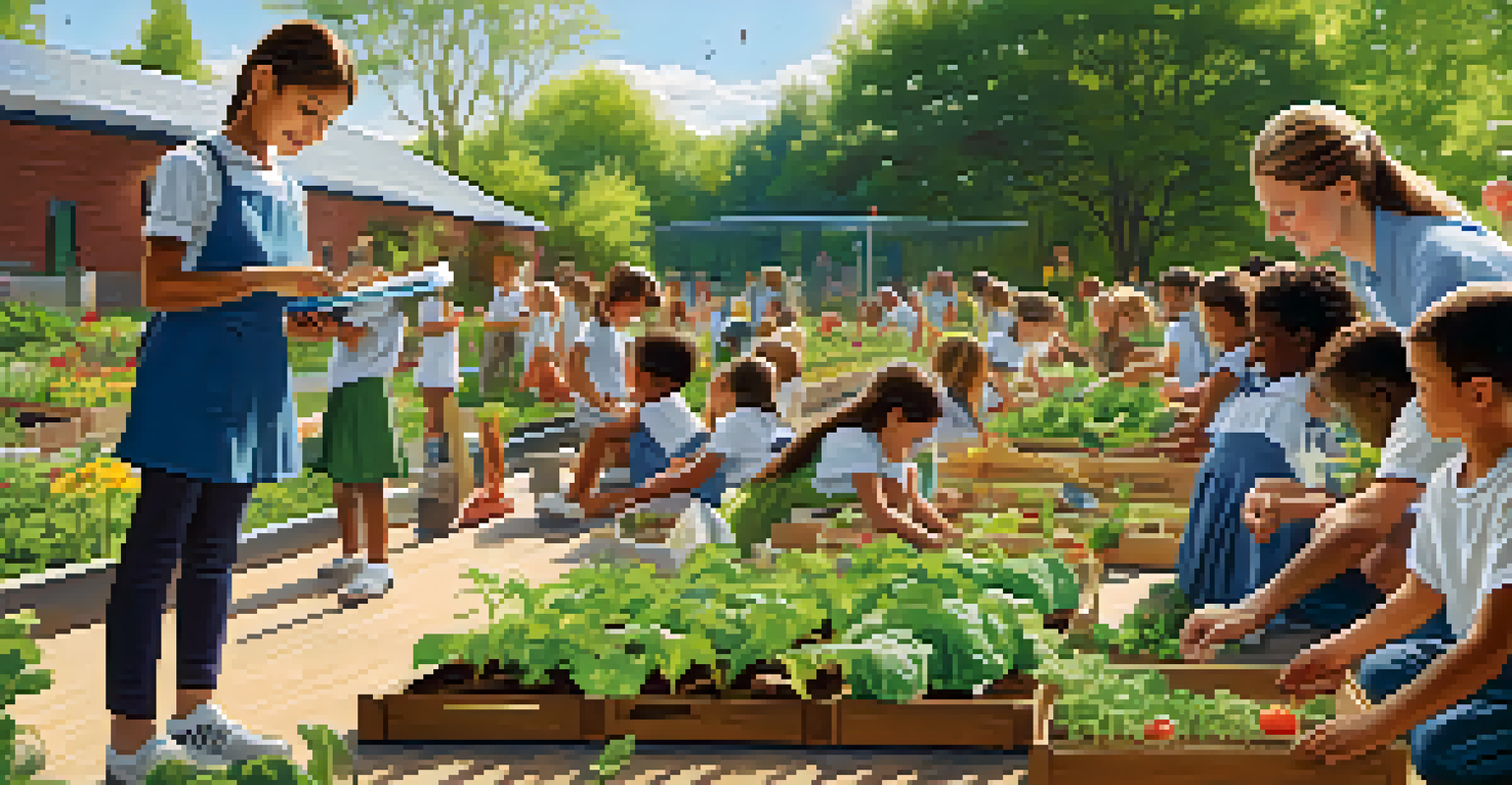 Students in a school garden planting vegetables while a teacher explains nutrition, surrounded by lush greenery and gardening tools.