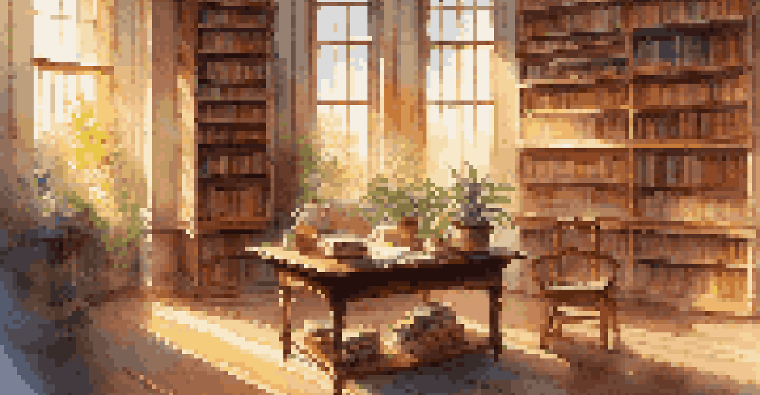 A cozy library with a wooden table, open books, a steaming cup of tea, and sunlight streaming through windows, creating a warm atmosphere.