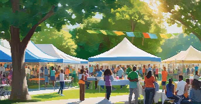 A vibrant health fair in a park with people participating in discussions and demonstrations about chronic pain awareness.