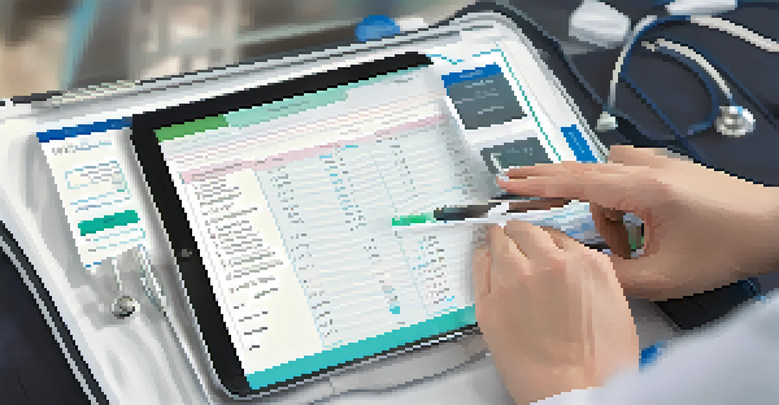 A close-up of a digital tablet showing an Electronic Health Record interface with patient data, while a provider's hands are taking notes.