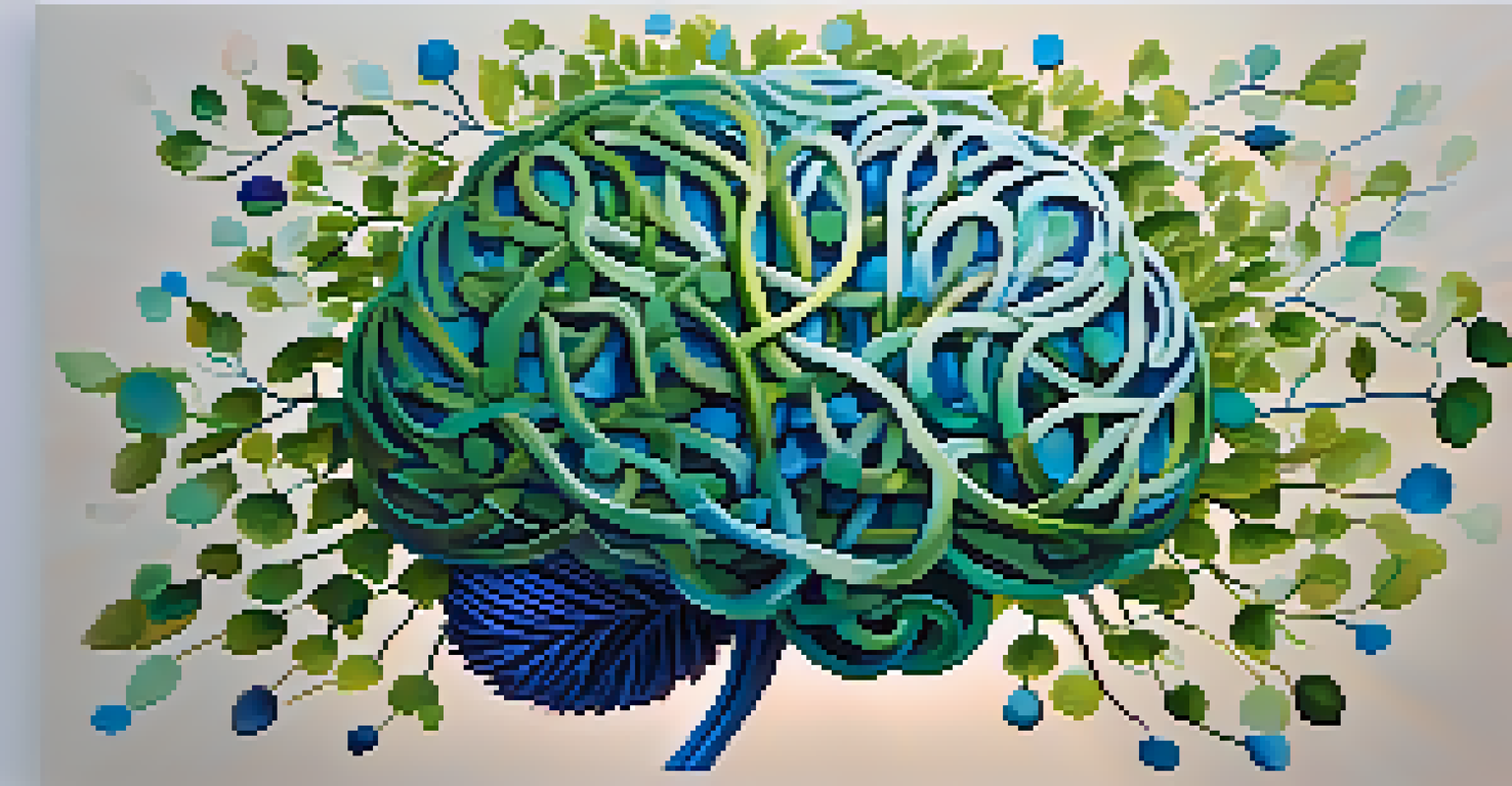 An abstract image of a vibrant brain made of vines and flowers, with glowing orbs symbolizing empathy against a calming background.