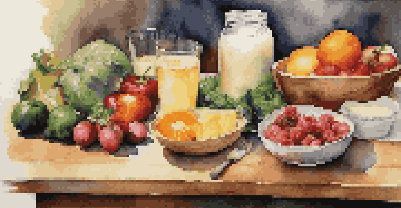 A colorful arrangement of fruits, vegetables, and dairy products on a wooden table, highlighting healthy nutrition.