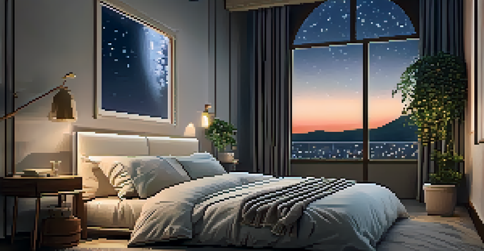 A peaceful bedroom at night with soft lighting, a neatly made bed, and a view of a starry sky through a window.