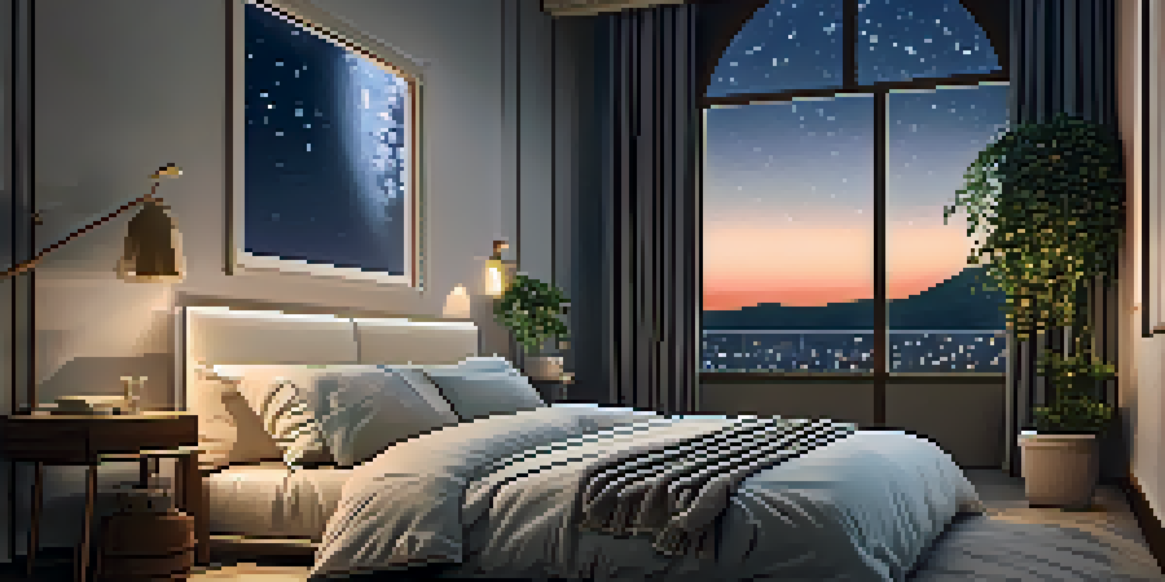 A peaceful bedroom at night with soft lighting, a neatly made bed, and a view of a starry sky through a window.