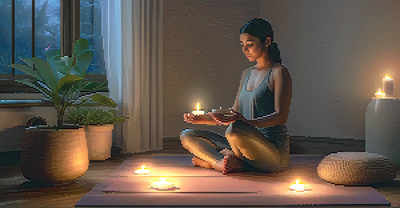 A person meditating on a yoga mat in a softly lit room surrounded by candles and cushions.