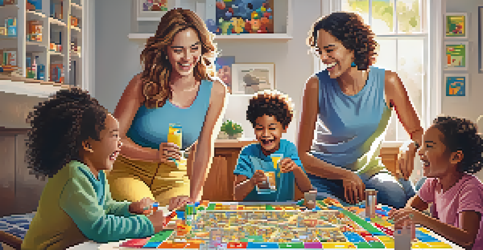 A family enjoying a game night around a table filled with board games and snacks, with everyone laughing and having fun.