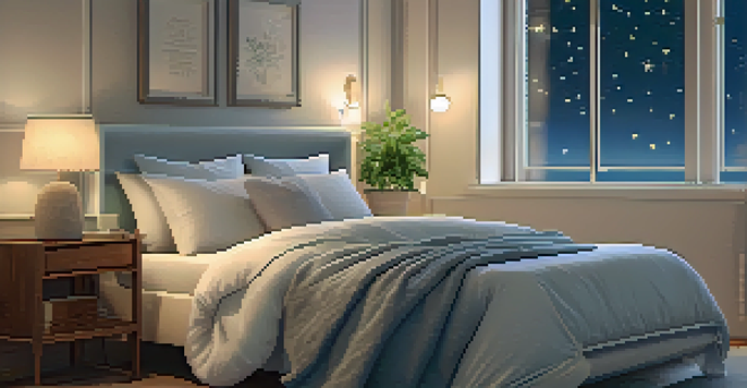 A peaceful bedroom with soft lighting, a neatly made bed, and a tranquil night sky visible through a window.