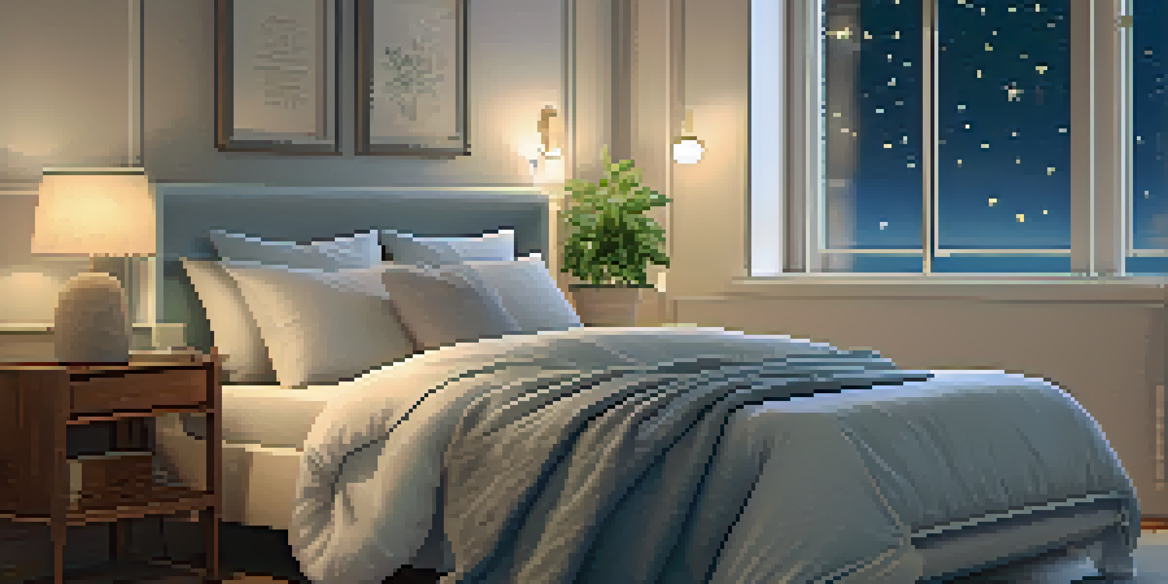 A peaceful bedroom with soft lighting, a neatly made bed, and a tranquil night sky visible through a window.
