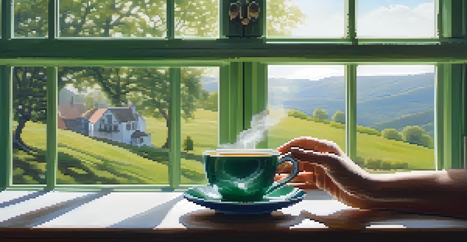 A close-up of hands holding a cup of herbal tea, with a calming nature background.