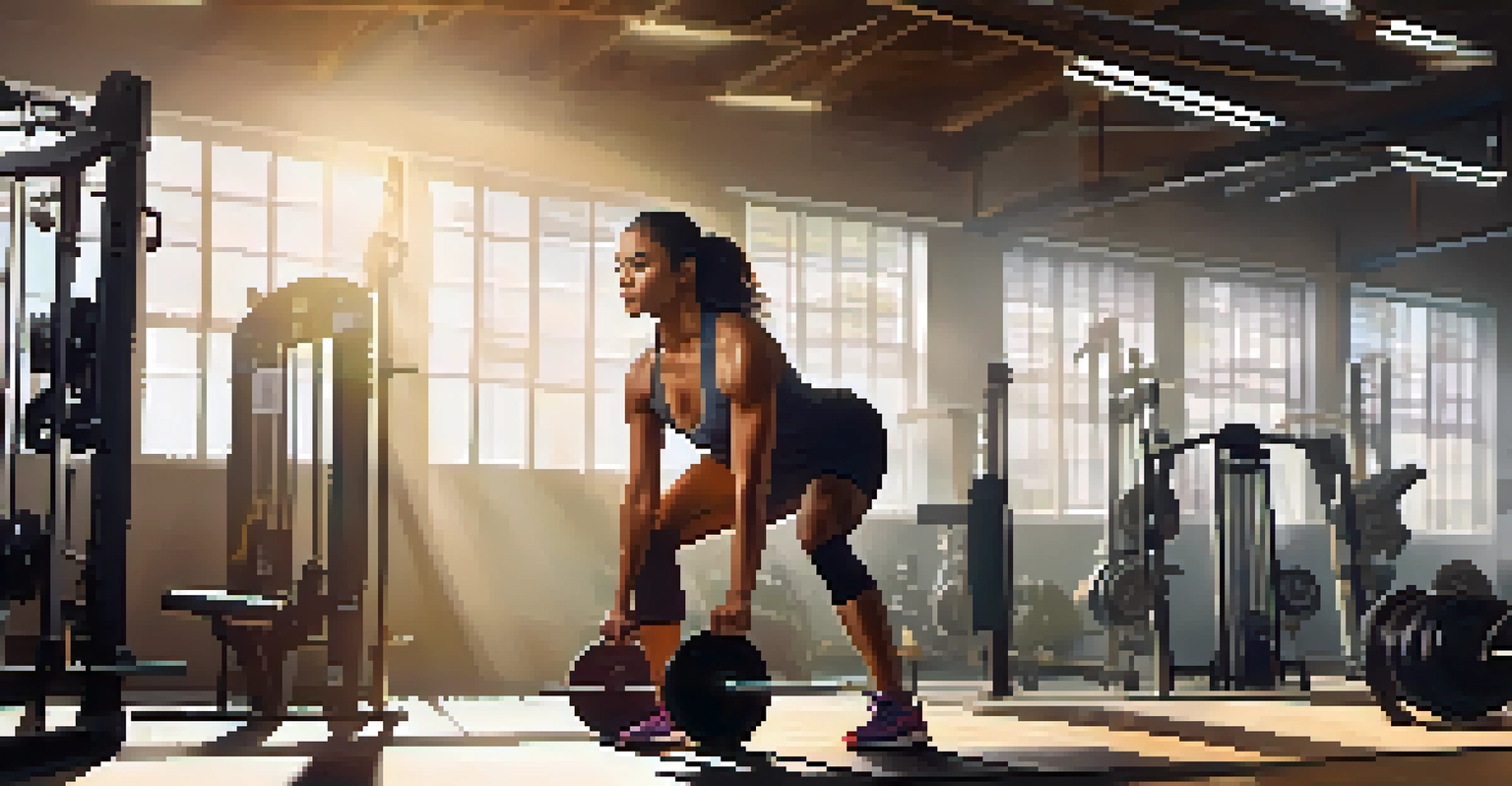 A woman lifting weights in a well-lit gym, surrounded by fitness equipment and sunlight streaming through the windows.