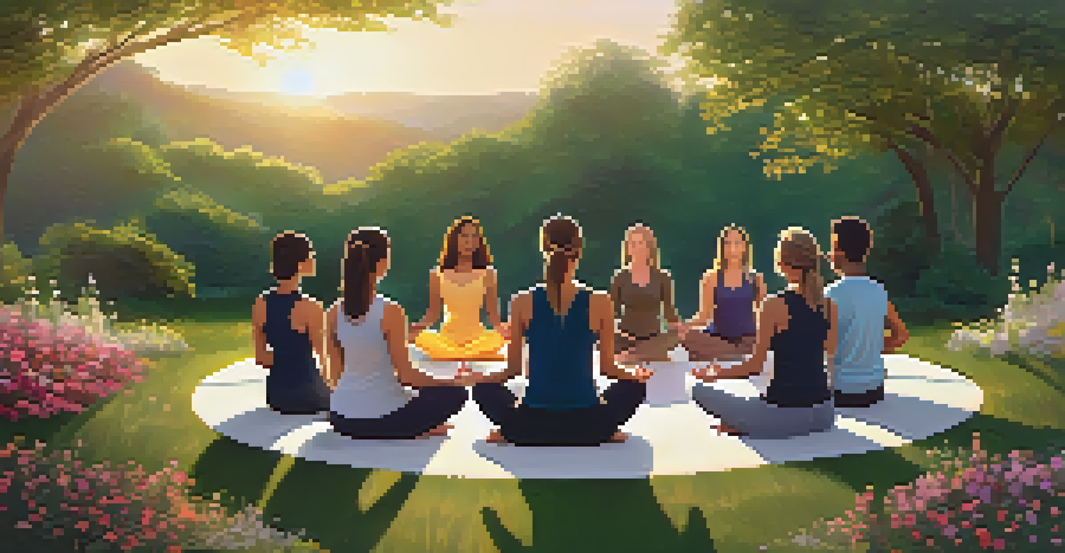A wellness coach leading a meditation session outdoors with clients in a peaceful setting.