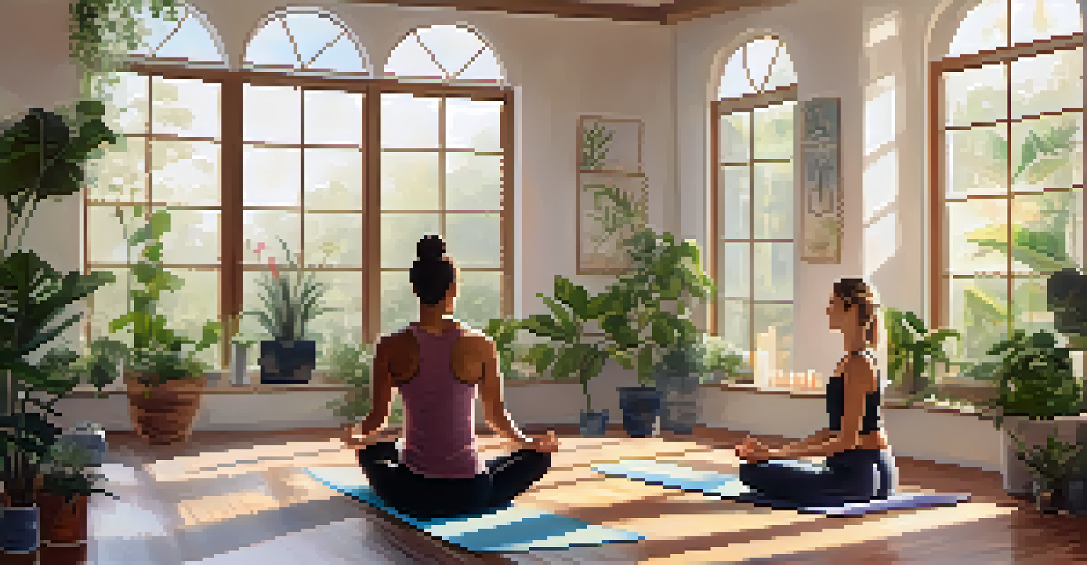 A couple practicing yoga together in a tranquil studio filled with soft light and calming decor.