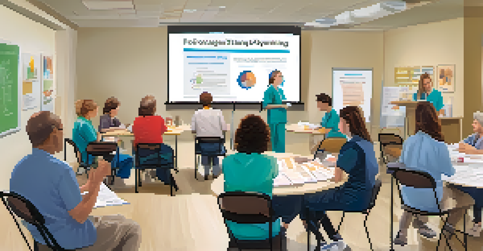 Caregivers participating in a food allergy training workshop, seated at tables with notepads and a projector screen in a well-lit room.