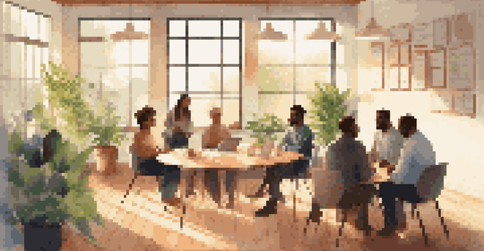 A group of diverse employees participating in a peer coaching session in a well-lit office, sharing thoughts in a circle.