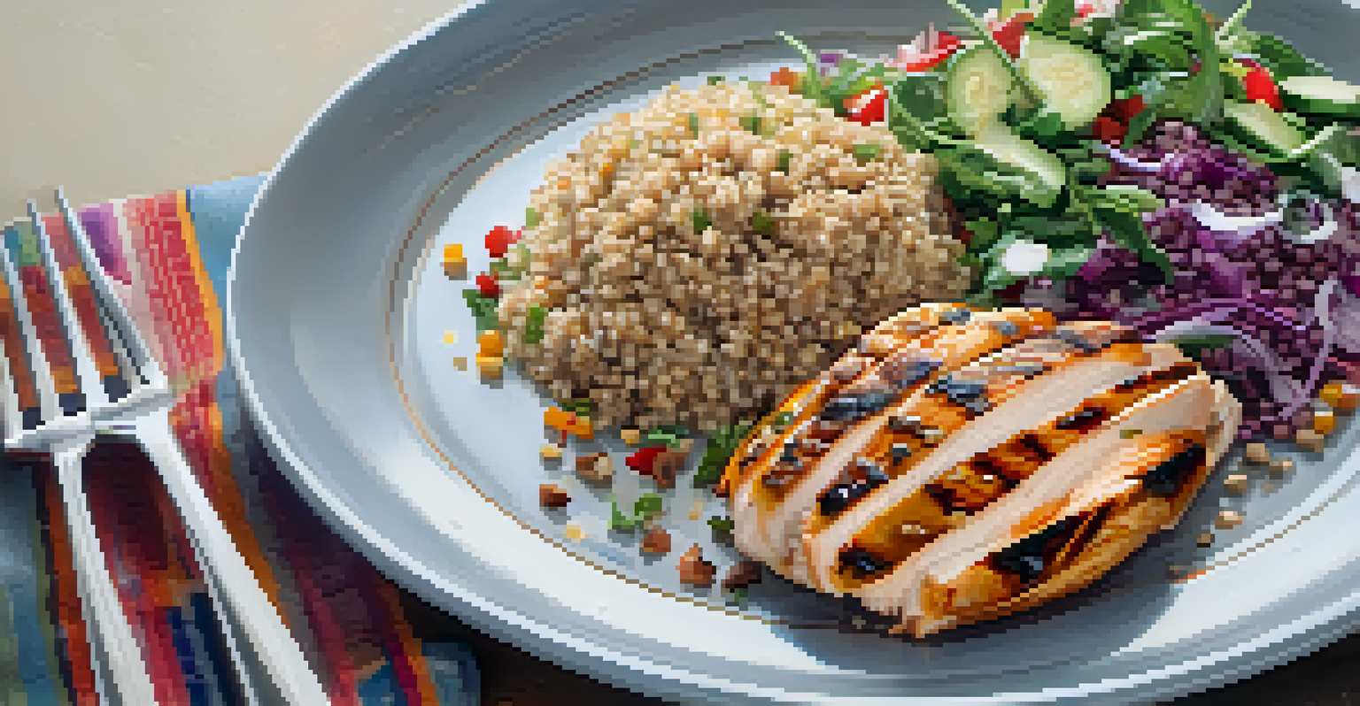A close-up of a balanced meal consisting of grilled chicken, quinoa, and salad, with a fork beside it.