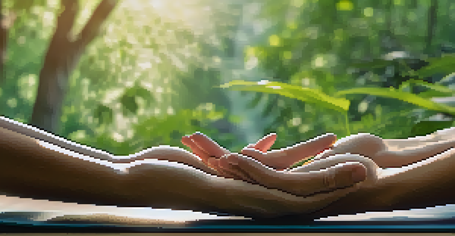 Close-up of hands in a meditative gesture on a textured yoga mat with a blurred nature background.