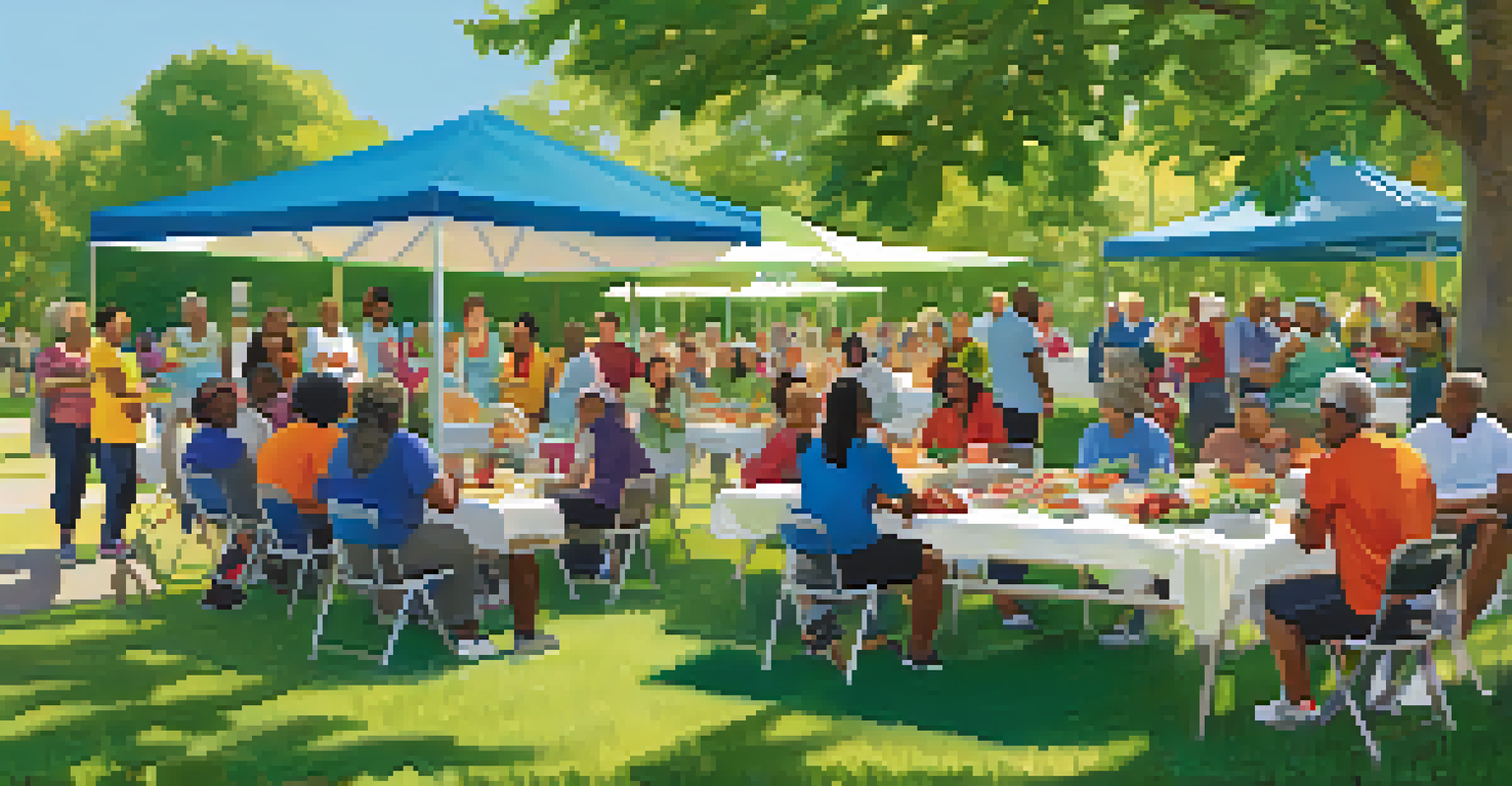 A community health workshop in a park, with people discussing nutrition and exercise while enjoying healthy food.