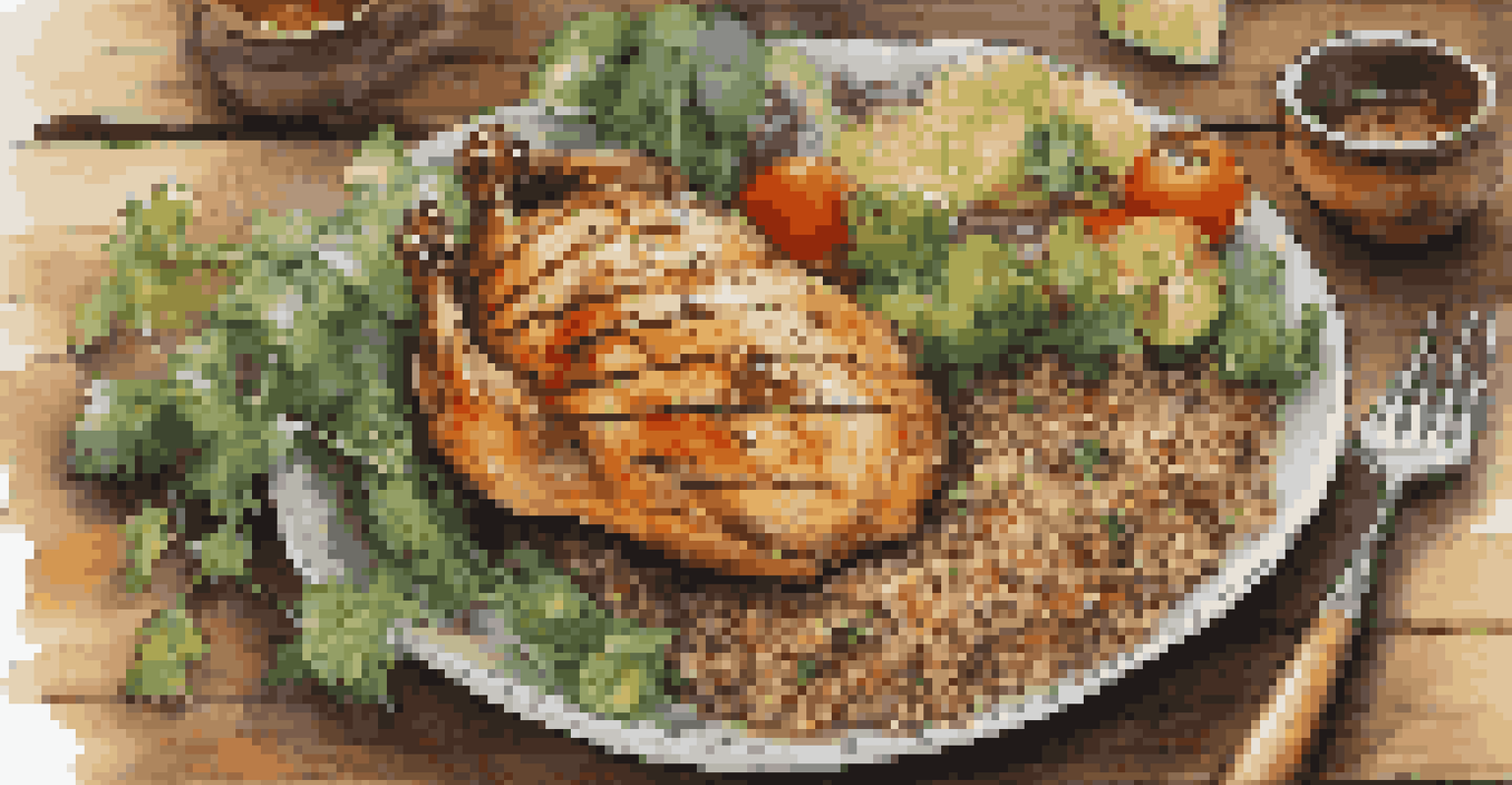 A colorful plate of grilled chicken, quinoa, and steamed vegetables garnished with herbs on a rustic table.