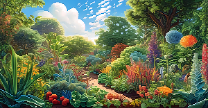 A colorful garden filled with various plants and small microorganisms, symbolizing a healthy gut microbiome, illuminated by sunlight under a blue sky.