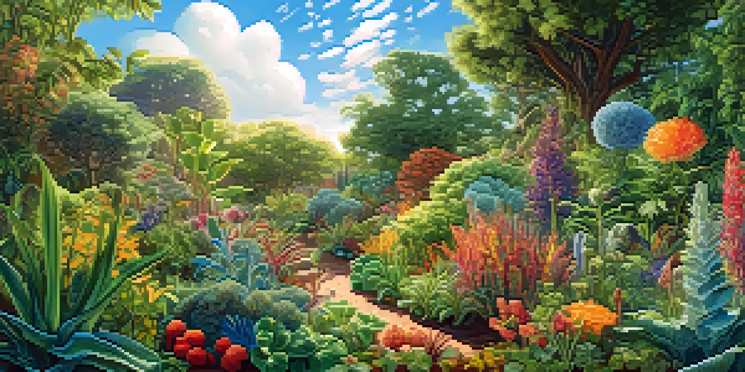 A colorful garden filled with various plants and small microorganisms, symbolizing a healthy gut microbiome, illuminated by sunlight under a blue sky.