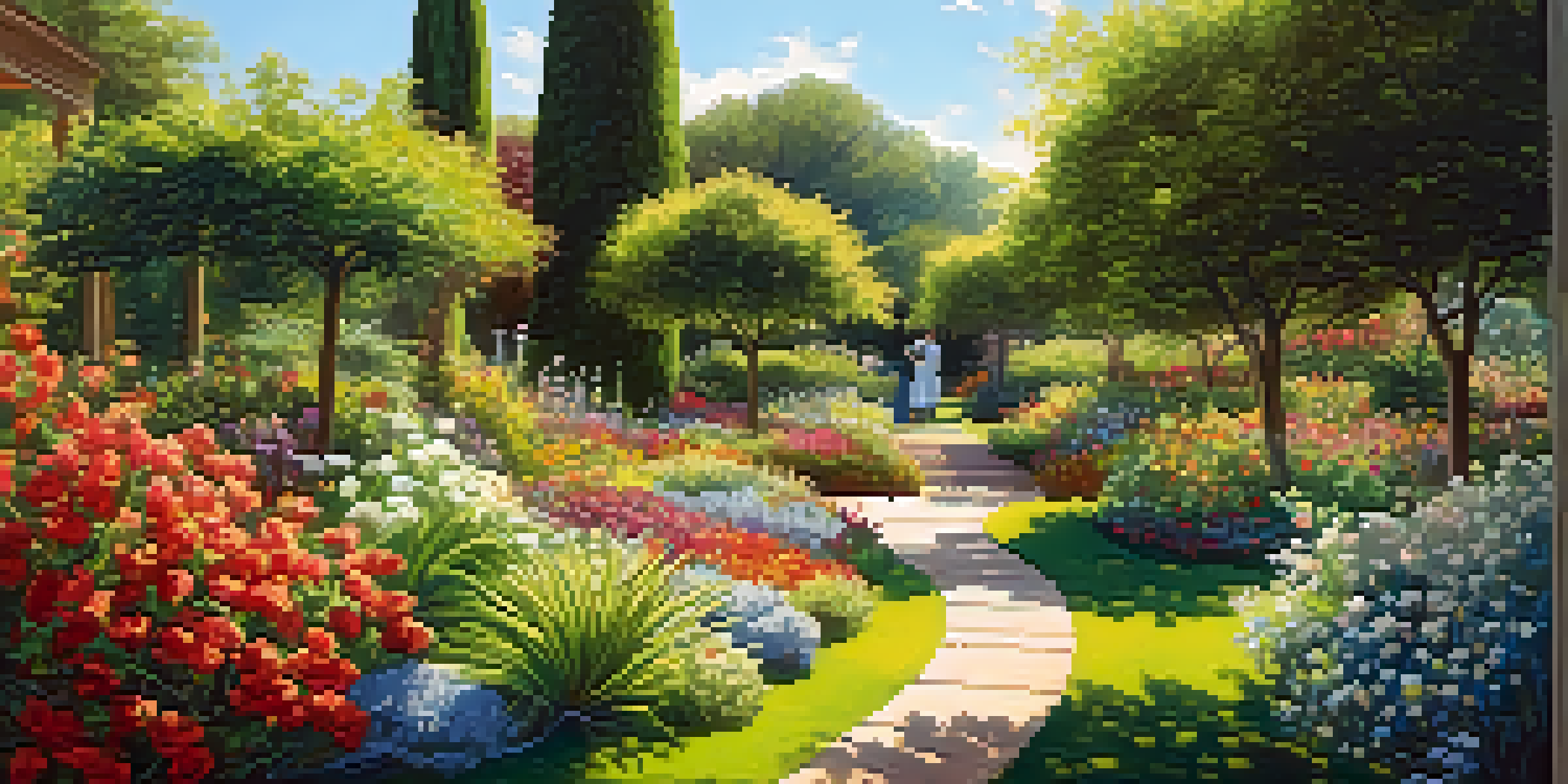 A person tending to a vibrant garden, pulling out weeds under a clear blue sky, symbolizing mental wellness.