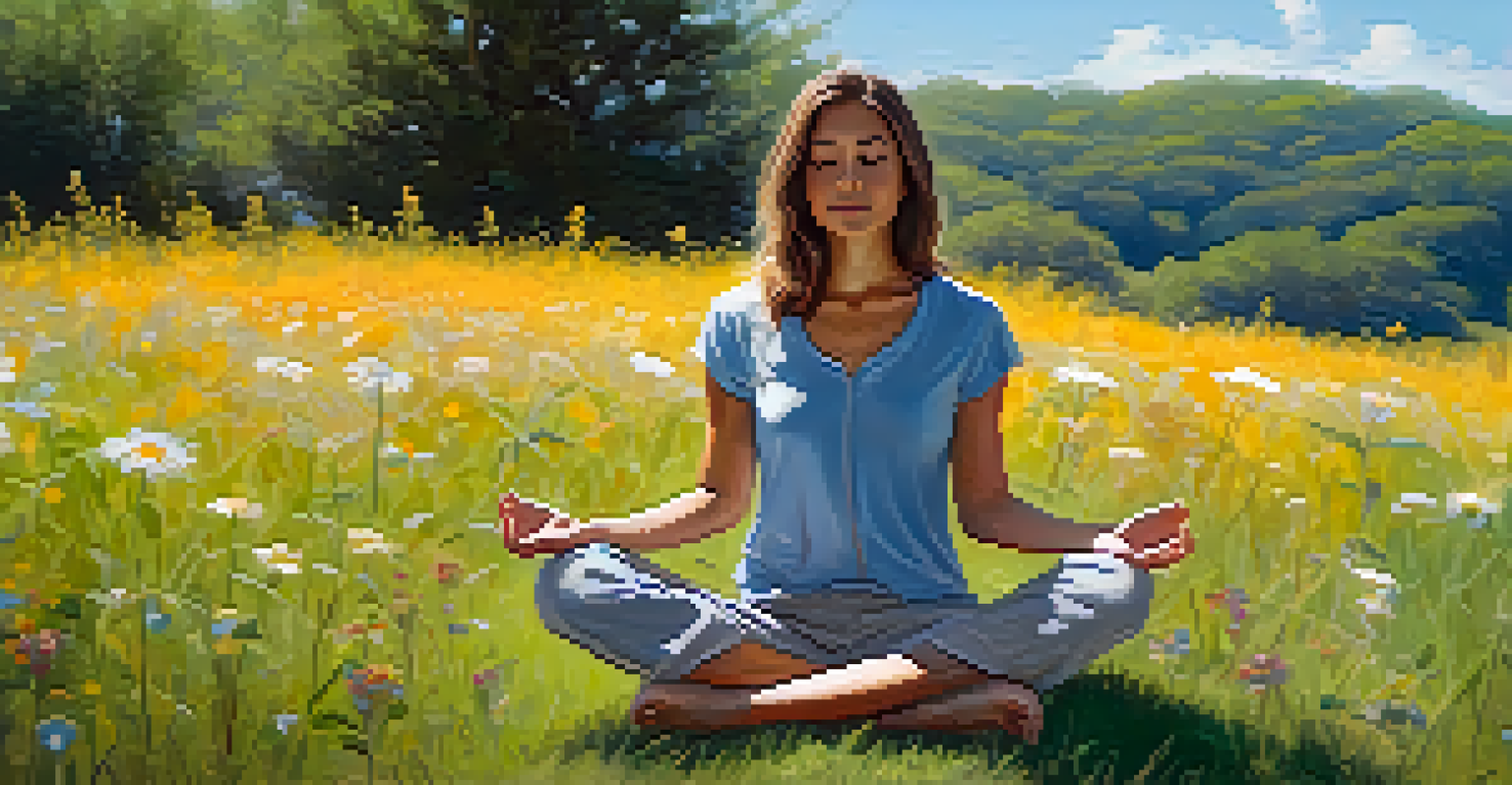 A person meditating in a grassy field surrounded by wildflowers under a blue sky, with a peaceful expression indicating relaxation and balance.